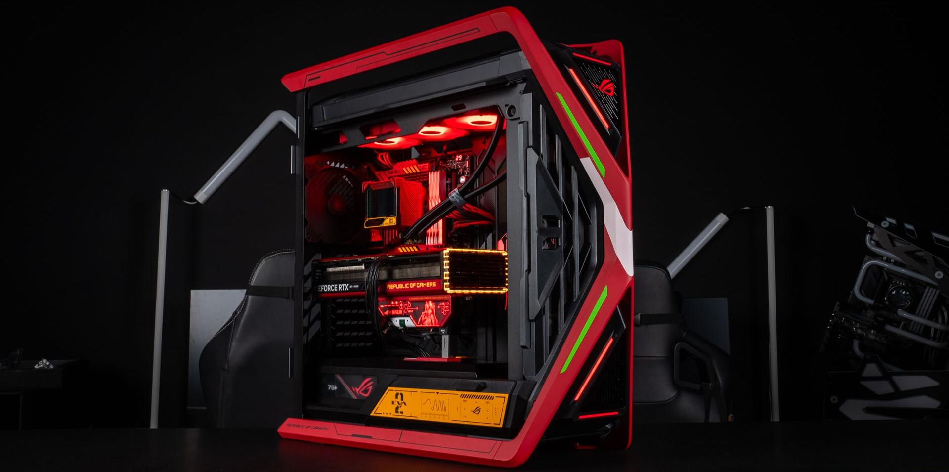 PC Gamer ASUS ROG Evangelion Set up gamer sombre avec en premier plan un focus sur un PC ASUS Rog Evangelion aux couleurs vives