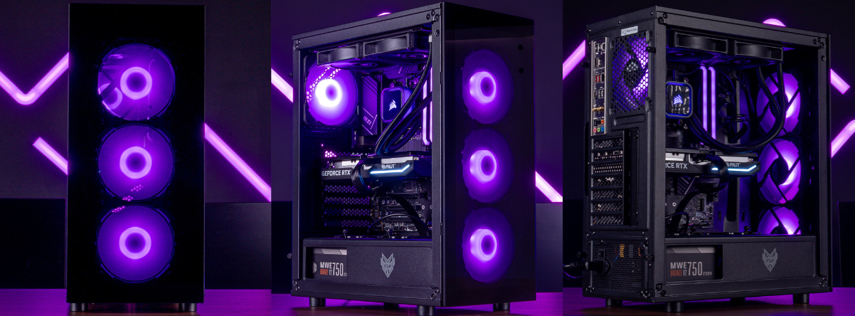 PC gaming RGB violet avec boîtier noir, ventilateurs ARGB et carte graphique GeForce RTX pour setup performant et design premium