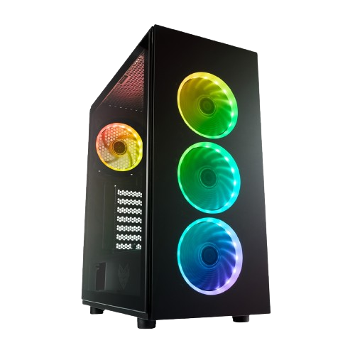 Boîtier PC gaming noir avec panneaux mesh et ventilateurs RGB multicolores pour airflow optimal et design moderne