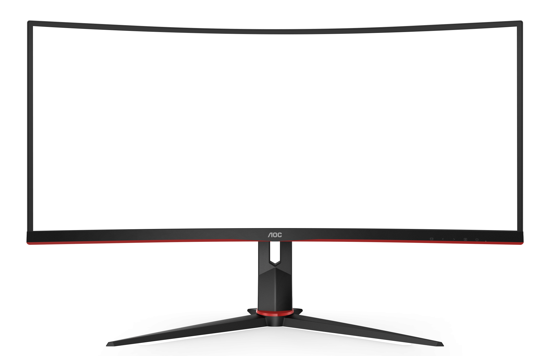 Vue de face du moniteur incurvé AOC CU34G2X de 34 pouces avec son liseré rouge, soulignant la résolution WQHD et le rafraîchissement de 144 Hz chez FlowUP