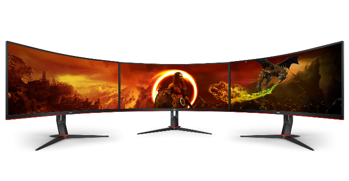 Alignement de trois moniteurs incurvés AOC 34 pouces créant un affichage panoramique continu avec des bords ultra-fins pour une immersion totale chez FlowUP