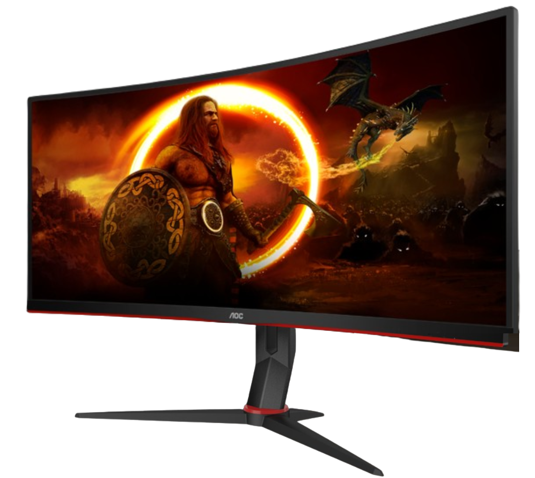 Vue de trois-quarts du moniteur AOC CU34G2X affichant un guerrier viking et un dragon pour illustrer l'immersion du format Ultrawide 21:9 chez FlowUP
