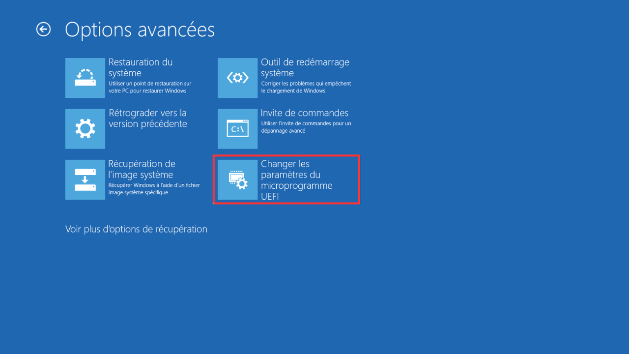 Changer les paramètres du microprogramme UEFI Options avancées Windows
