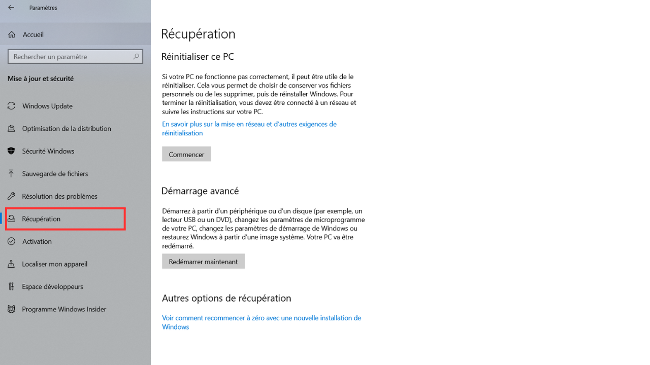Sélectionner Récupération Paramètres