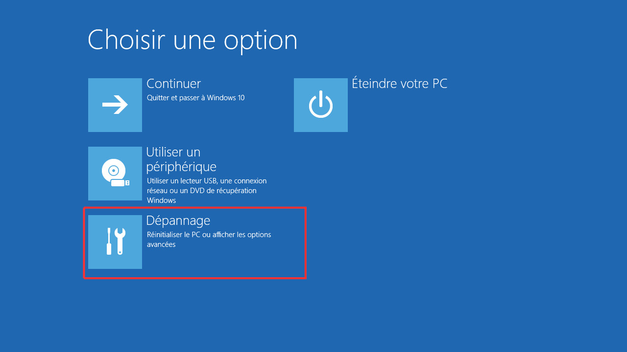 Réinitialiser le PC ou afficher les options avancées Dépannage
