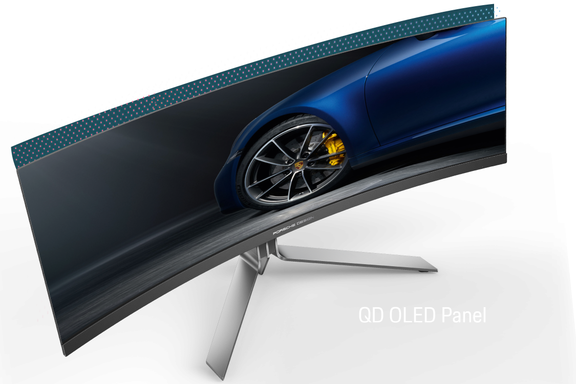 Écran incurvé de 49 pouces doté d'une dalle QD-OLED pour une qualité d'image supérieure sur le moniteur AOC Porsche Design chez FlowUP