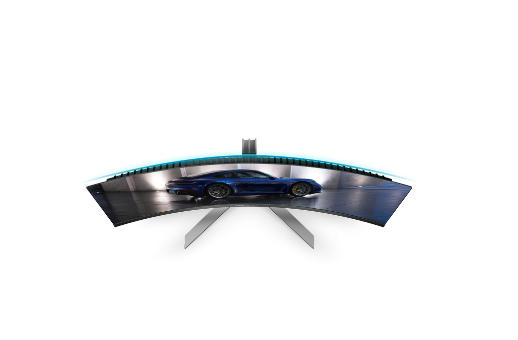 Immersion totale avec la dalle incurvée 1800R (Curved type panel) du moniteur premium AOC Porsche Design de 49 pouces chez FlowUP