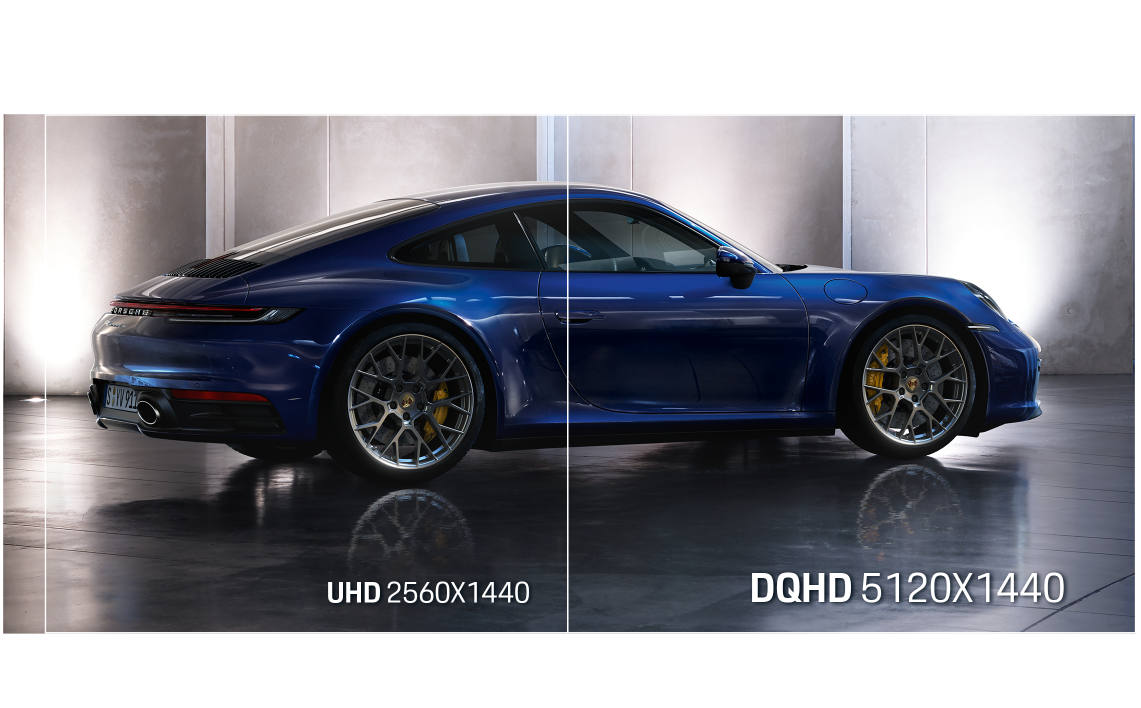 Résolution DQHD 5120x1440 : une précision d'image supérieure comparée au QHD classique sur l'écran AOC Porsche Design chez FlowUP