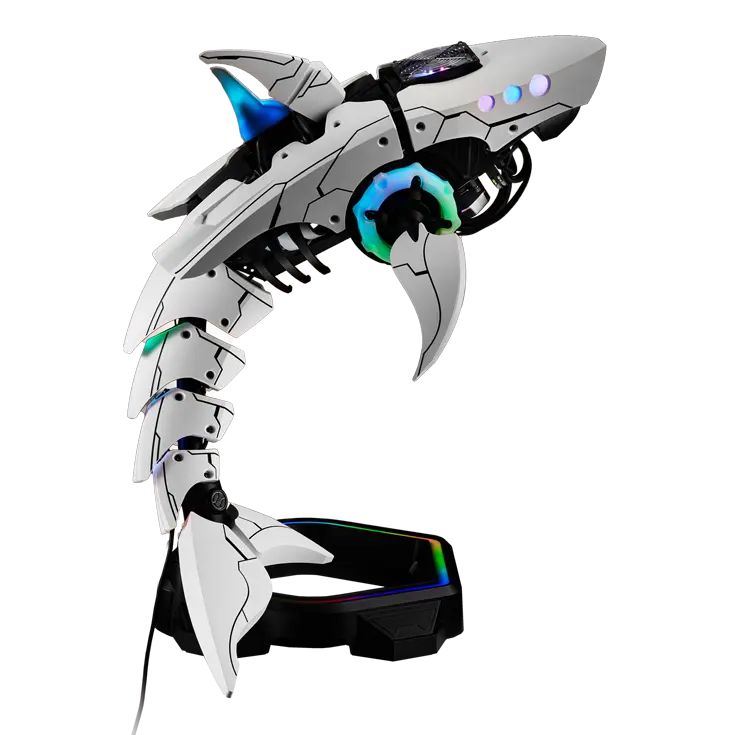 Boîtier PC gamer custom Shark X en forme de requin futuriste avec éclairage ARGB intégré