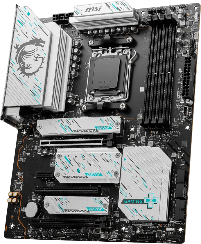 Carte mère MSI blanche installée dans un PC gamer Orion avec support DDR5 slots M.2 NVMe Wi-Fi 6E et USB type C arrière