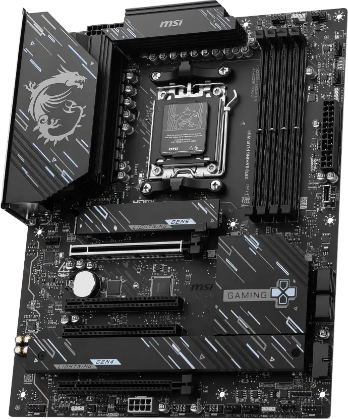 Carte mère MSI haut de gamme avec slots DDR5 et ports PCIe 5.0 pour le PC gamer MOUNTAIN GEFORCE RTX™ 5080 sur FlowUP