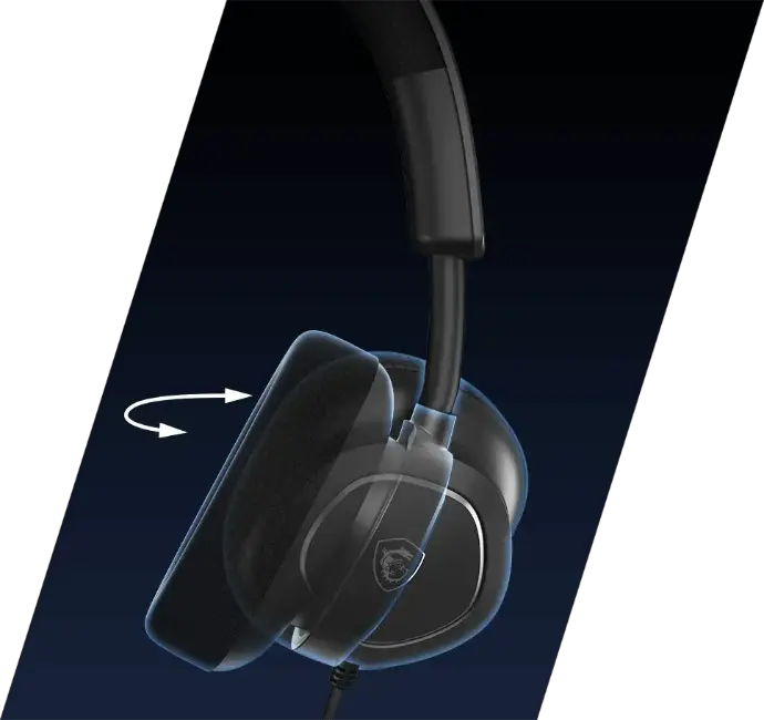 Oreillettes pivotantes à 90° du casque MSI Maestro 300 pour un ajustement ergonomique et un port confortable chez FlowUP