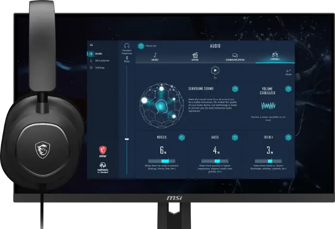 Logiciel Nahimic for Headset avec son surround 3D et réglages personnalisables pour le casque MSI Maestro 300 chez FlowUP
