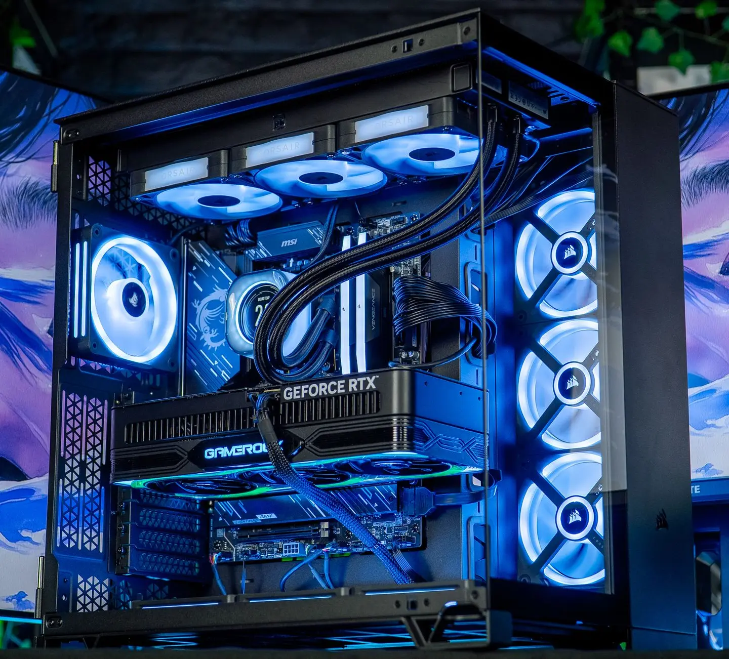 Section FAQ avec vue d'ensemble du boîtier Corsair et de son système de refroidissement pour le PC gamer MOUNTAIN GEFORCE RTX™ 5080 sur FlowUP