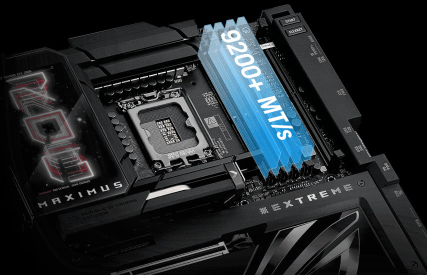 Carte mère ASUS ROG Maximus compatible DDR5 illustrant la prise en charge logicielle des profils XMP et EXPO Cette image montre une carte mère ASUS ROG Maximus de nouvelle génération, conçue pour prendre en charge des vitesses de mémoire DDR5 supérieures à 9200 MT/s. Elle met en avant la compatibilité logicielle avec les profils XMP (Intel) et EXPO (AMD), essentielle pour l’optimisation automatique des performances RAM via le BIOS/UEFI. Cette prise en charge native permet aux utilisateurs de sélectionner des profils mémoire avancés sans réglage manuel, tout en garantissant la stabilité système et la compatibilité multiplateforme.