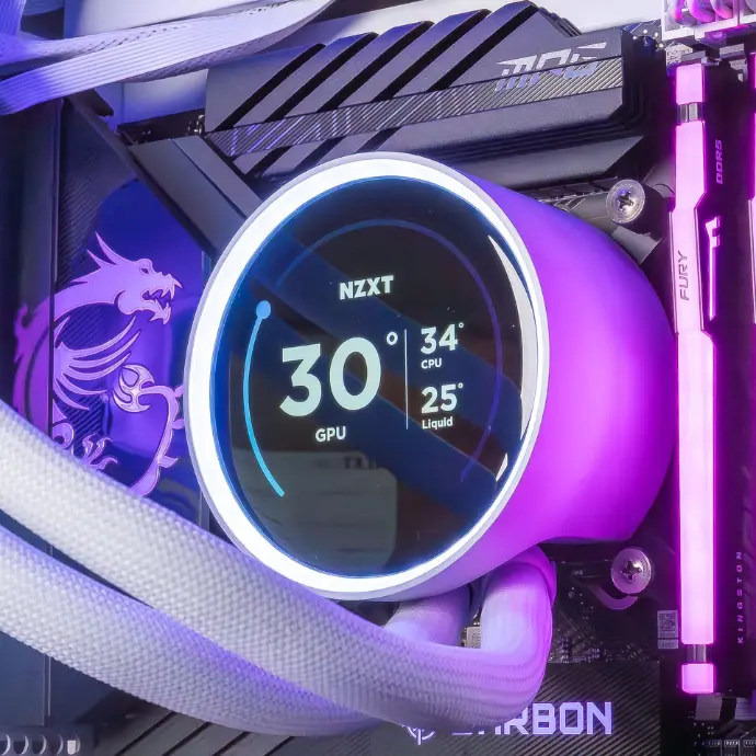 Watercooling NZXT avec écran LCD affichant les températures dans un PC gamer