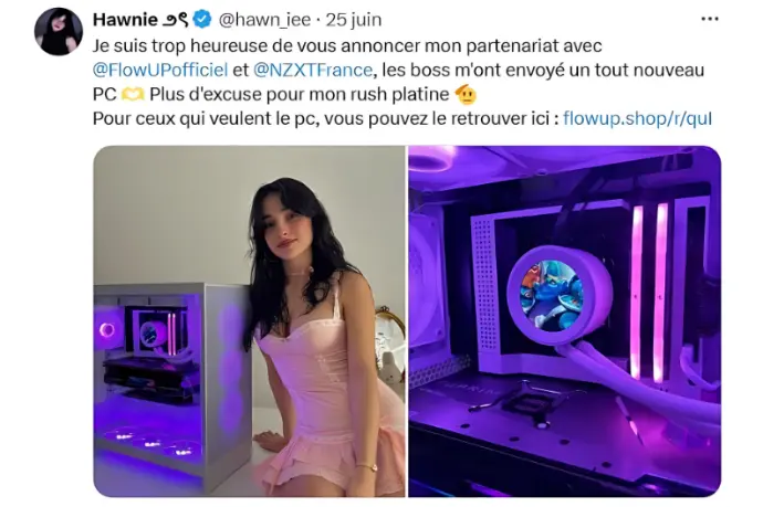 Partenariat influenceuse avec FlowUP et NZXT présentant un PC gamer personnalisé