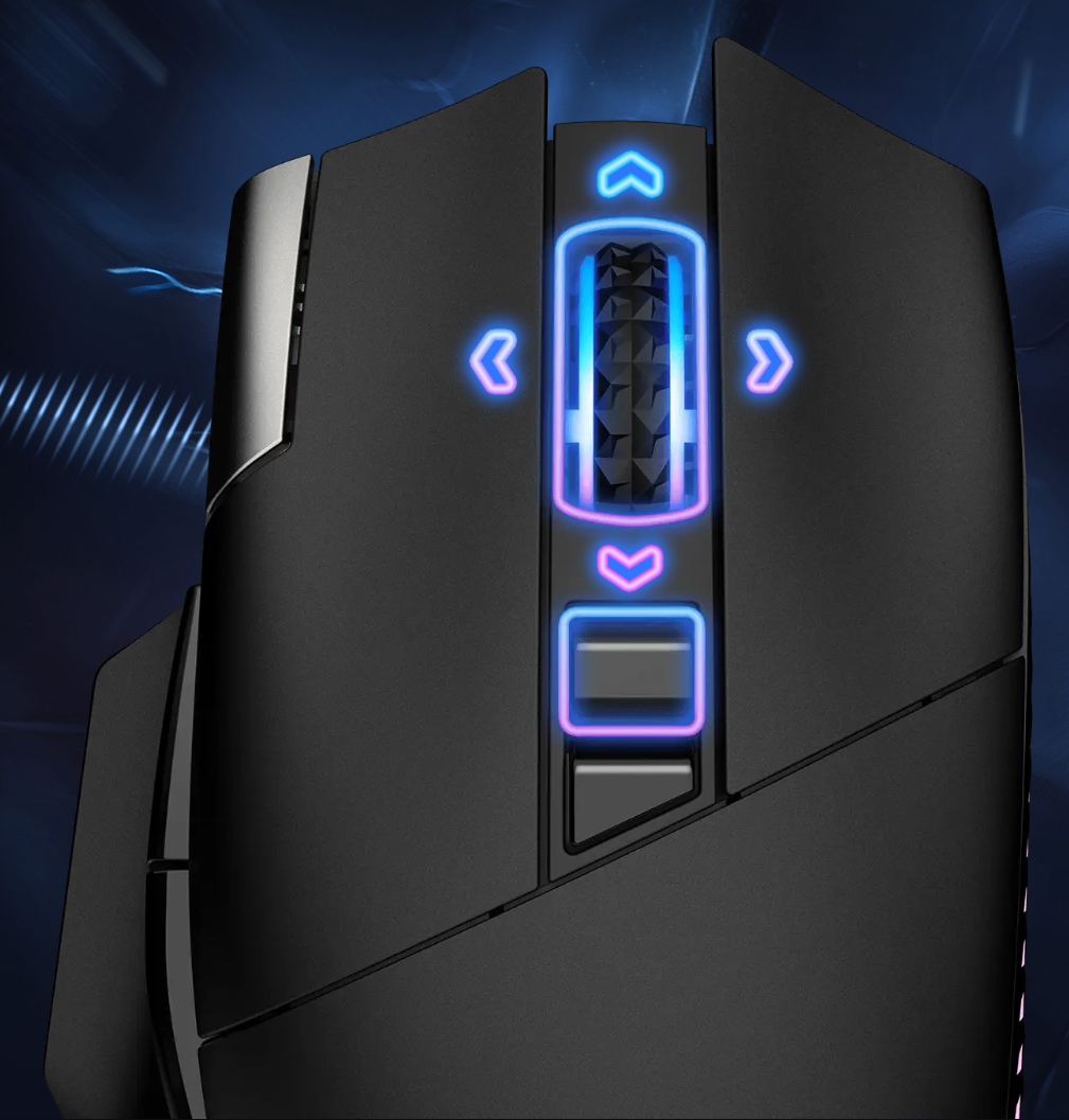 Molette de défilement à 4 directions et bouton de changement de mode (clic par clic ou libre) de la souris MSI Versa Pro Wireless chez FlowUP