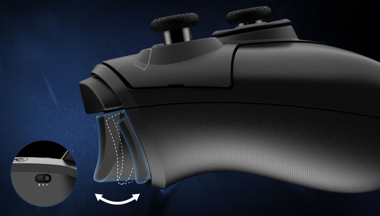 Gâchettes magnétiques à effet Hall de la manette MSI Force Pro W offrant trois niveaux de course réglables pour une précision adaptative chez FlowUP