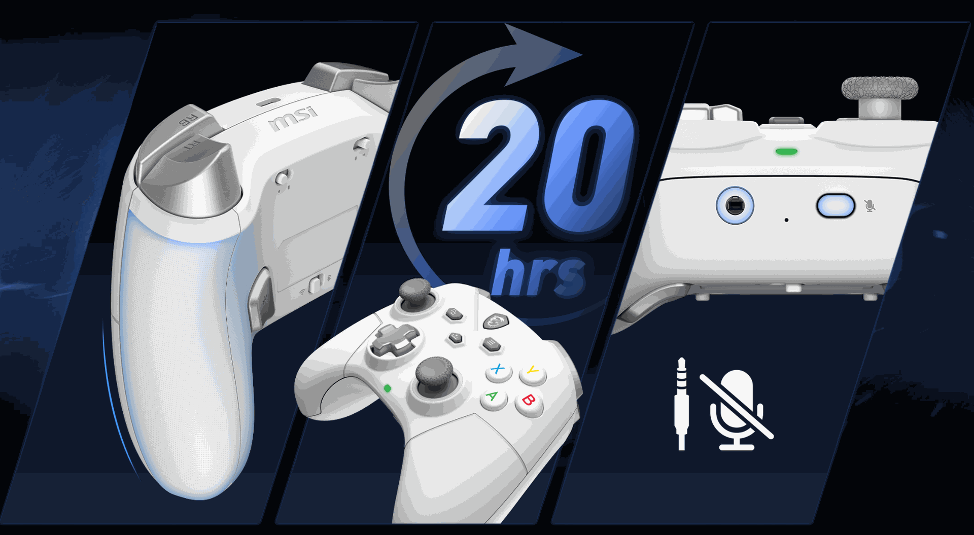 Fonctionnalités de la manette MSI Force GC300W White : vibrations immersives, autonomie de 20h et contrôle audio avec mute direct chez FlowUP