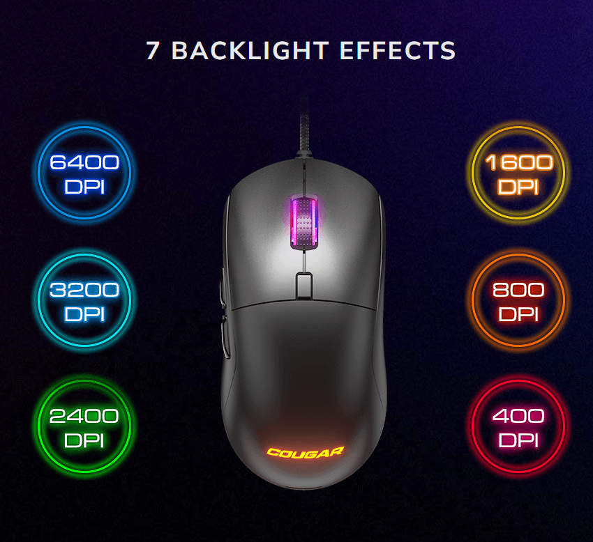 Les 7 effets de lumière et les réglages de sensibilité de 400 à 6400 DPI de la souris du pack COUGAR COMBAT chez FlowUP