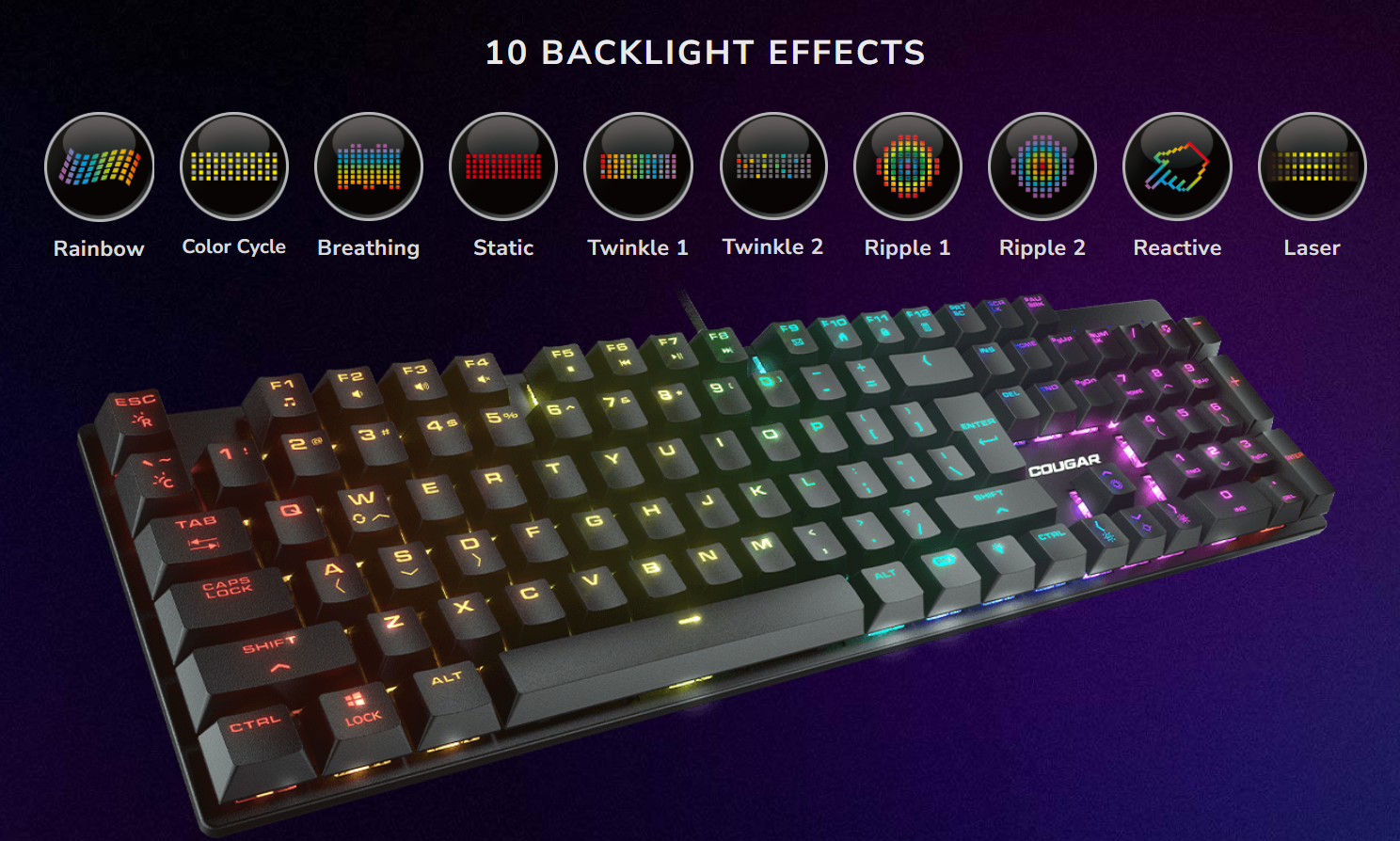 Les 10 effets de rétroéclairage RGB personnalisables du clavier du pack COUGAR COMBAT pour une ambiance gaming sur mesure chez FlowUP