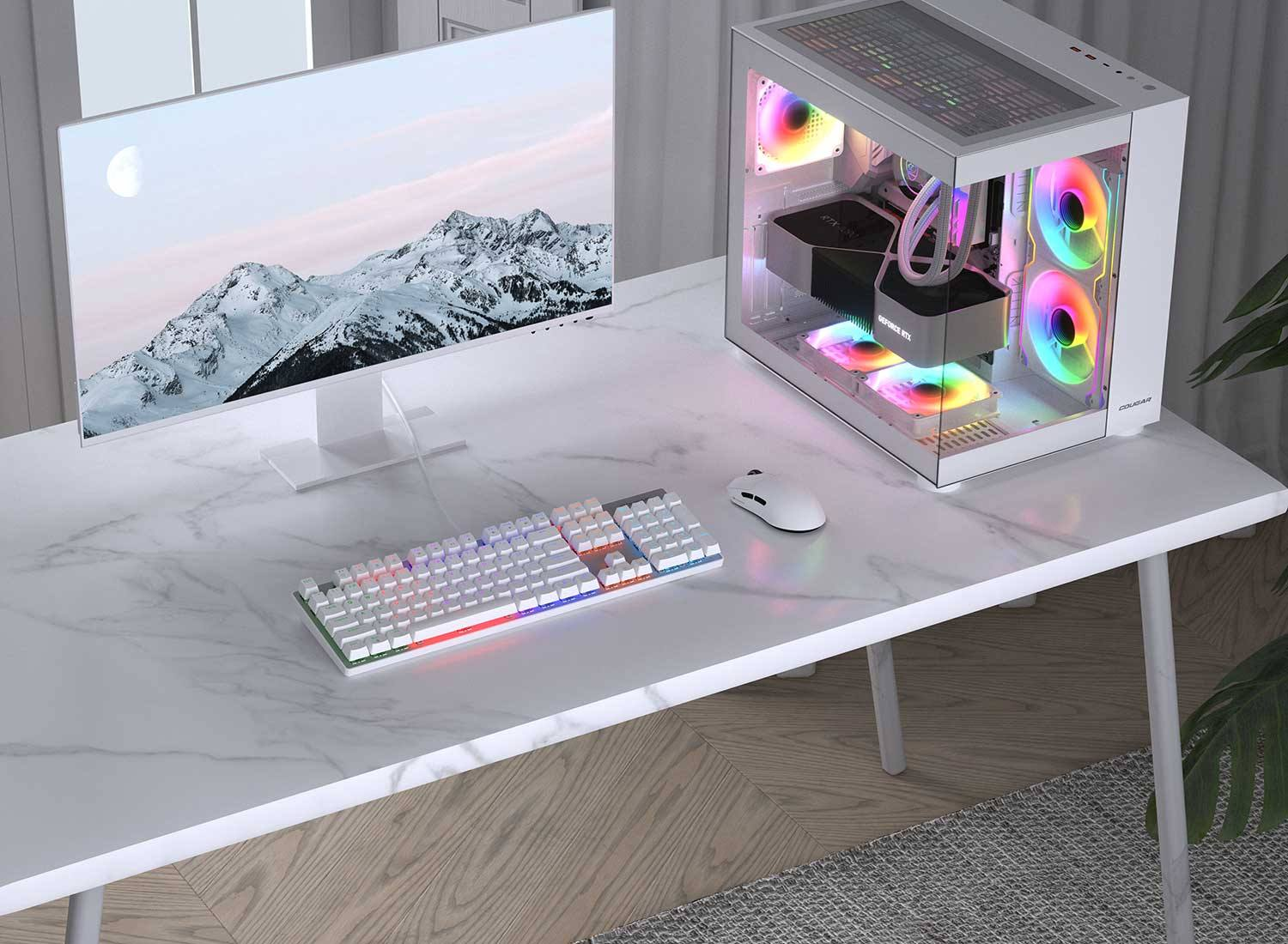 Configuration gaming blanche complète mettant en valeur l'élégance et la performance du clavier Cougar Ultimus EX White chez FlowUP