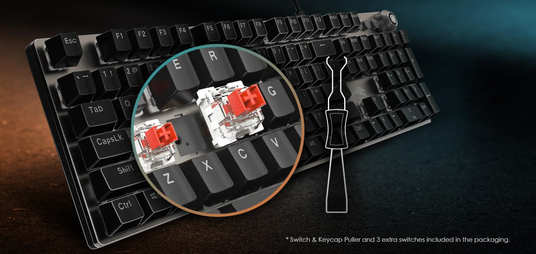 Clavier MSI Forge GK310 avec switches remplaçables sans soudure (Hot-Swap 3 broches) pour une personnalisation totale chez FlowUP