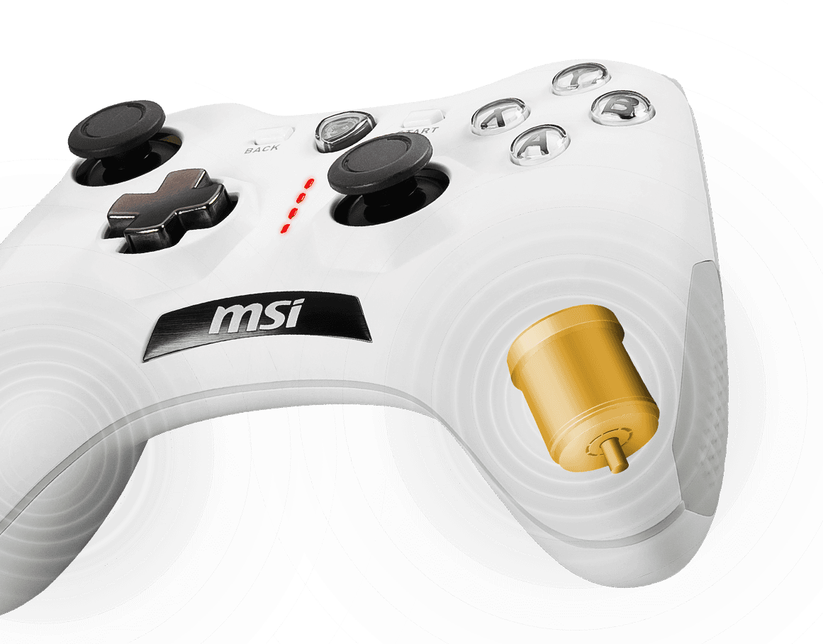 Deux moteurs à vibration intégrés offrant un retour haptique immersif pour une expérience de jeu dynamique sur la manette MSI Force GC20 V2 White chez FlowUP