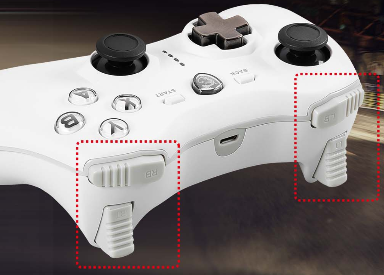 Gâchettes de précision avec simulation d'accélérateur à 256 niveaux sur la manette MSI Force GC20 V2 White pour une maîtrise totale chez FlowUP