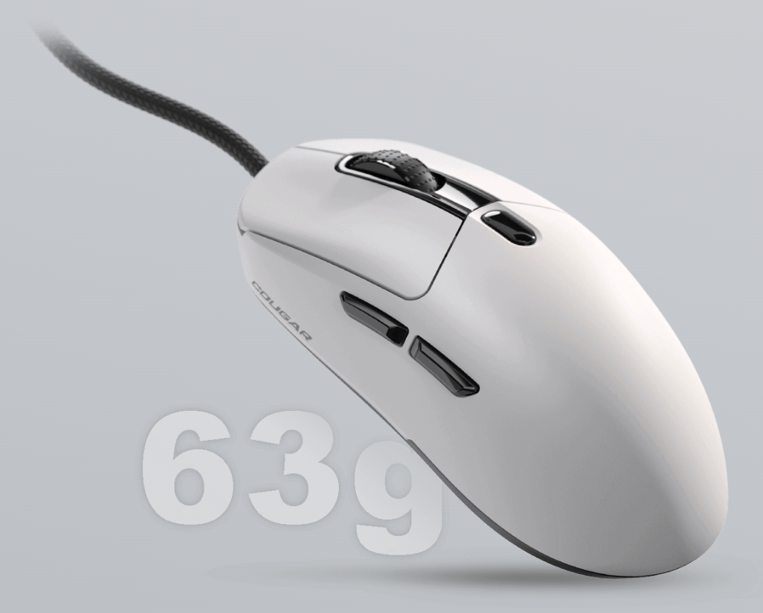 Souris gaming ultra-légère Cougar Minos NEO White ne pesant que 63 grammes (hors câble) pour des manœuvres fluides et rapides chez FlowUP