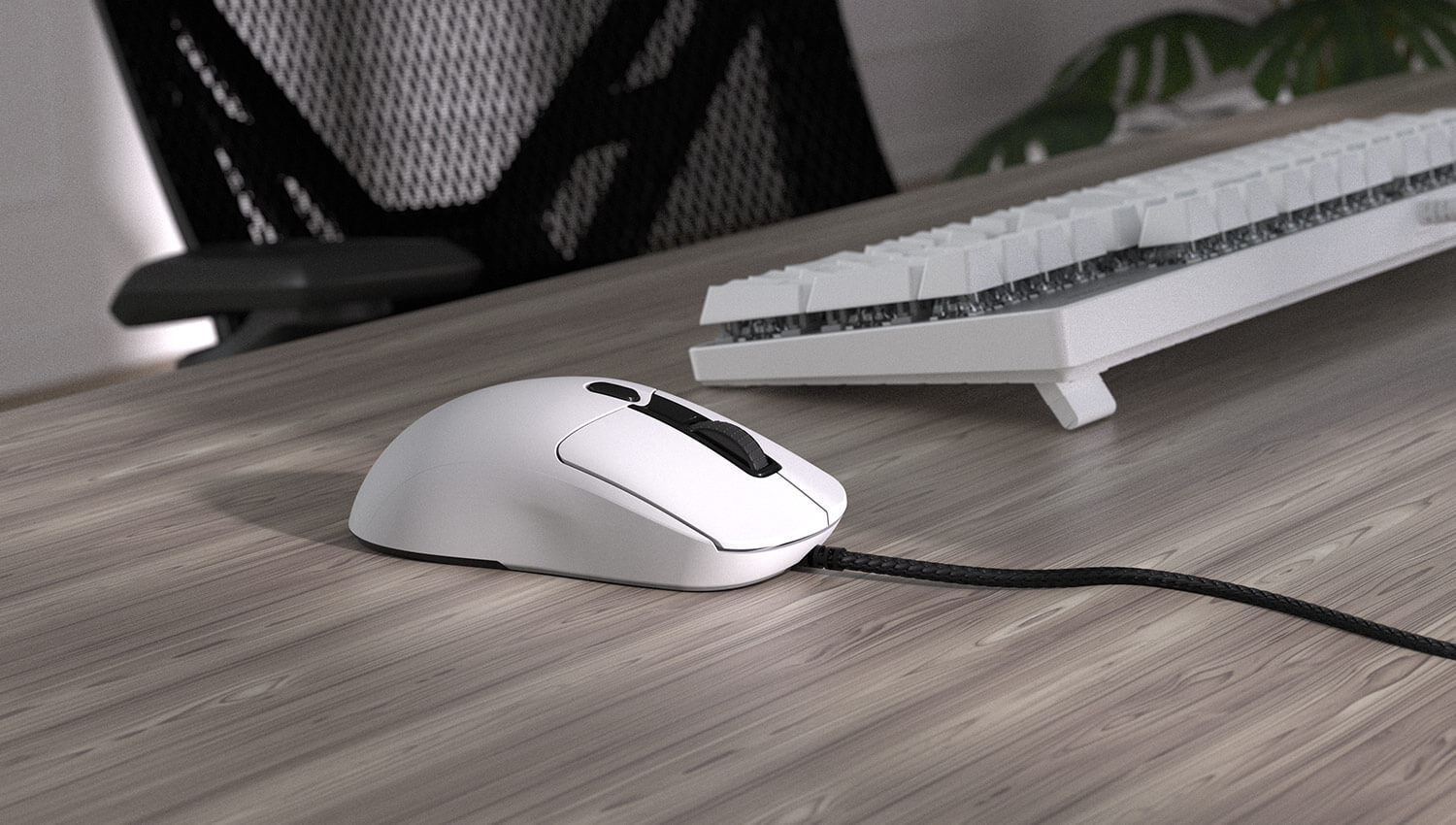 Souris gaming ultra-légère Cougar Minos NEO White mise en situation sur un bureau en bois avec un clavier blanc assorti chez FlowUP