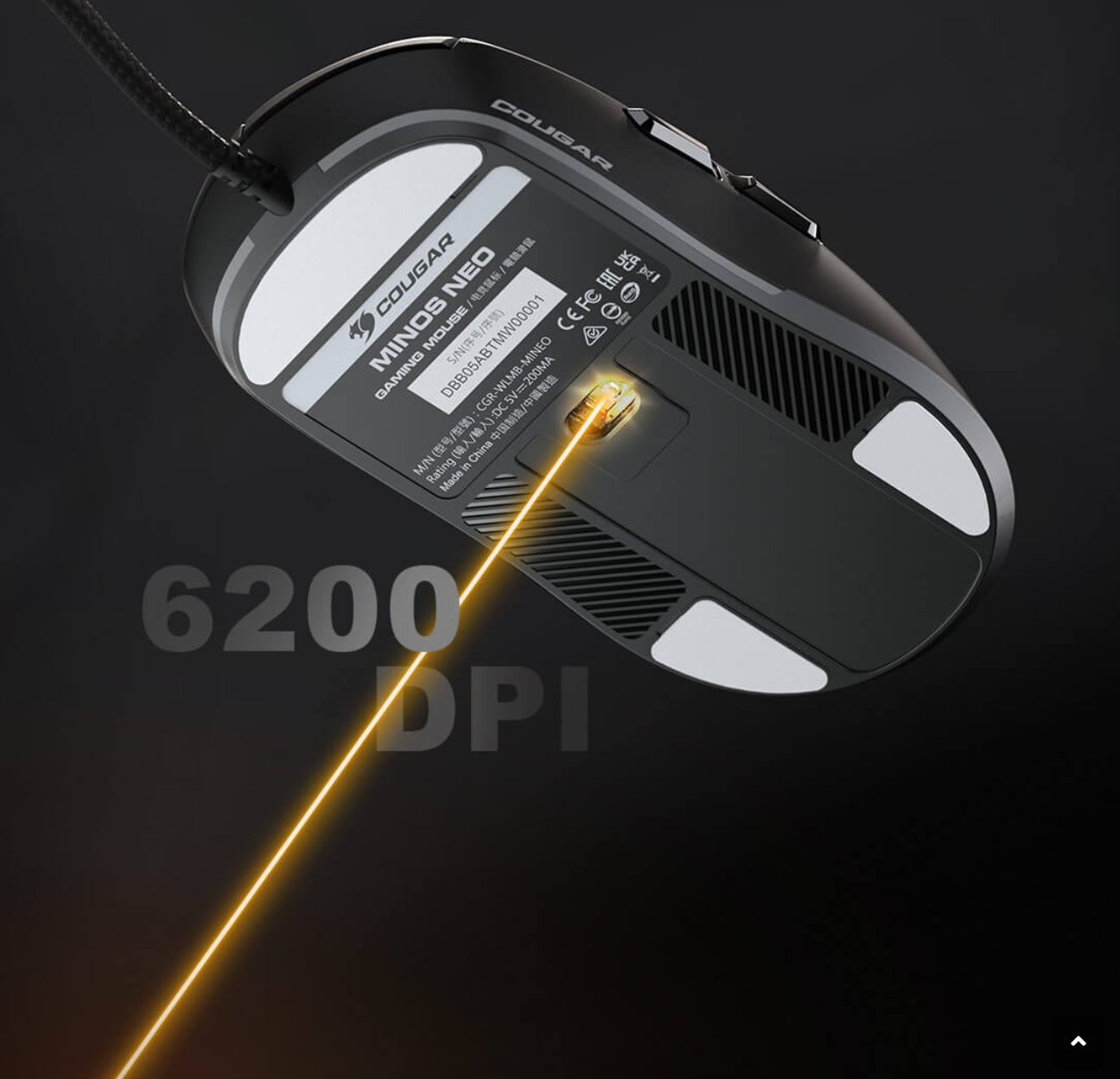 Capteur optique PixArt PAW 3327 offrant une précision de 6200 DPI pour un suivi ultra-précis sur la souris Cougar Minos Neo chez FlowUP