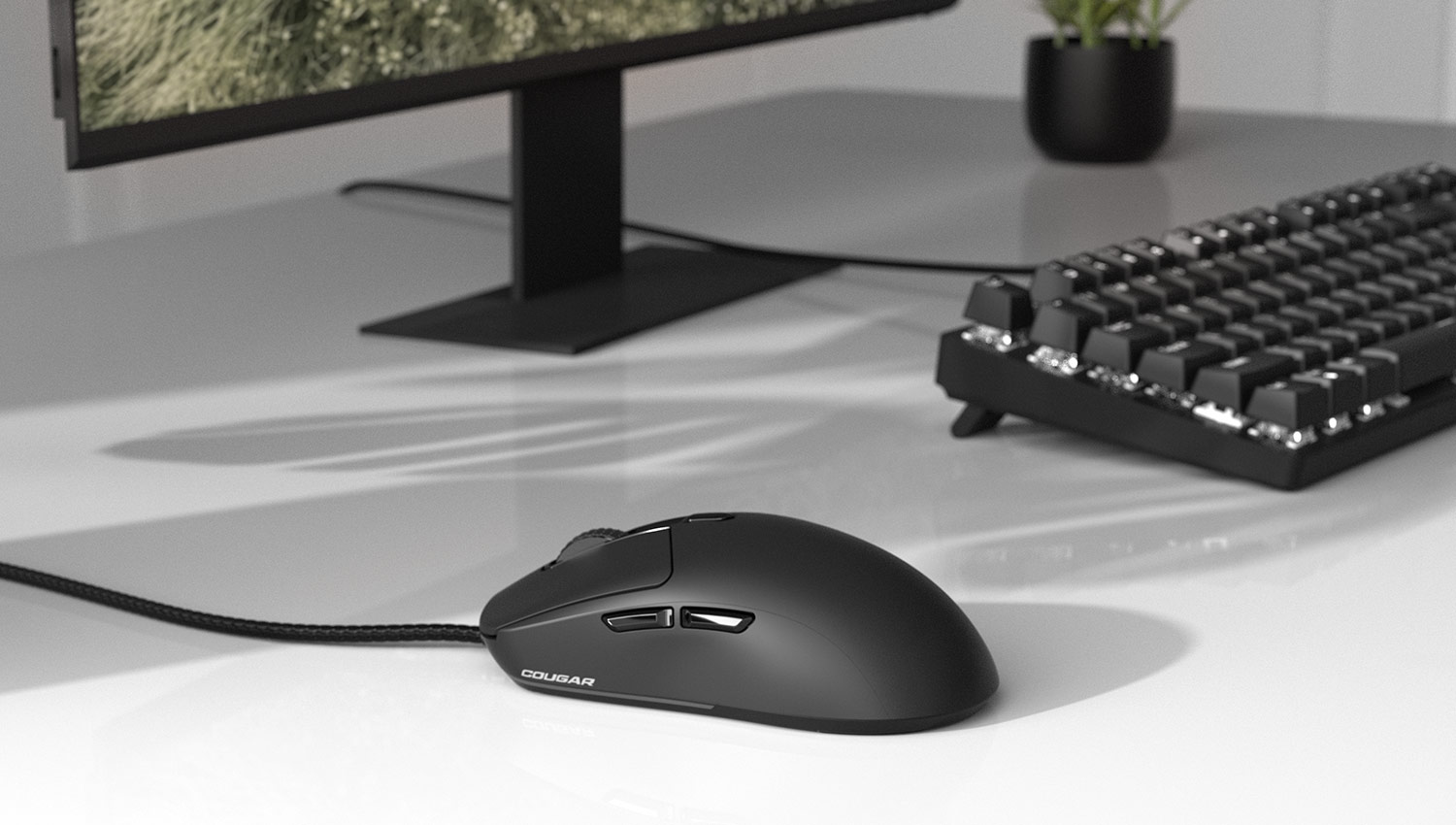 Souris gaming ultra-légère Cougar Minos Neo installée avec élégance sur un setup minimaliste noir et blanc chez FlowUP