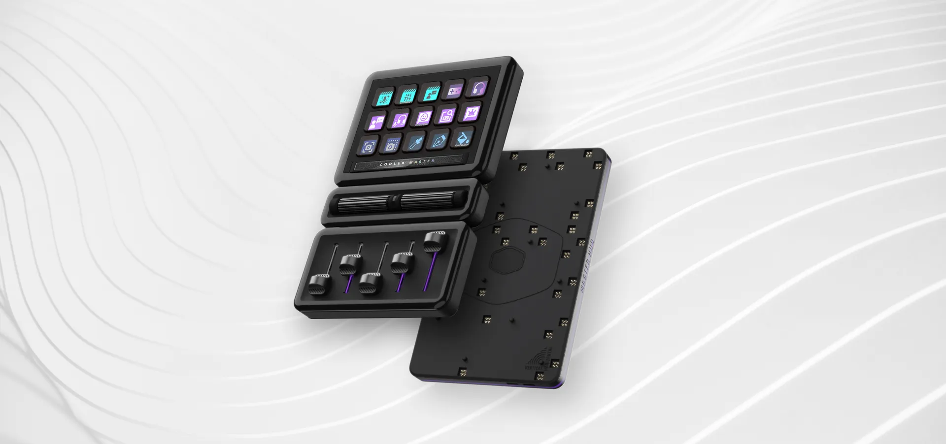 Module à 15 touches personnalisables, double molette et 5 faders de précision du Cooler Master MasterHub fixés sur sa base magnétique chez FlowUP