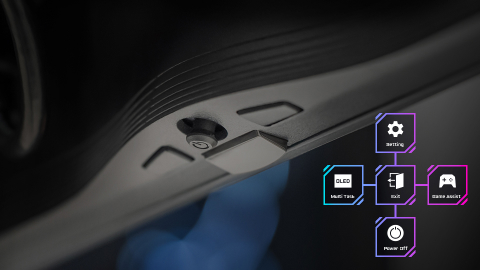 Bouton à 5 directions du moniteur AORUS : joystick sous l'écran pour naviguer facilement dans le menu OSD chez FlowUP