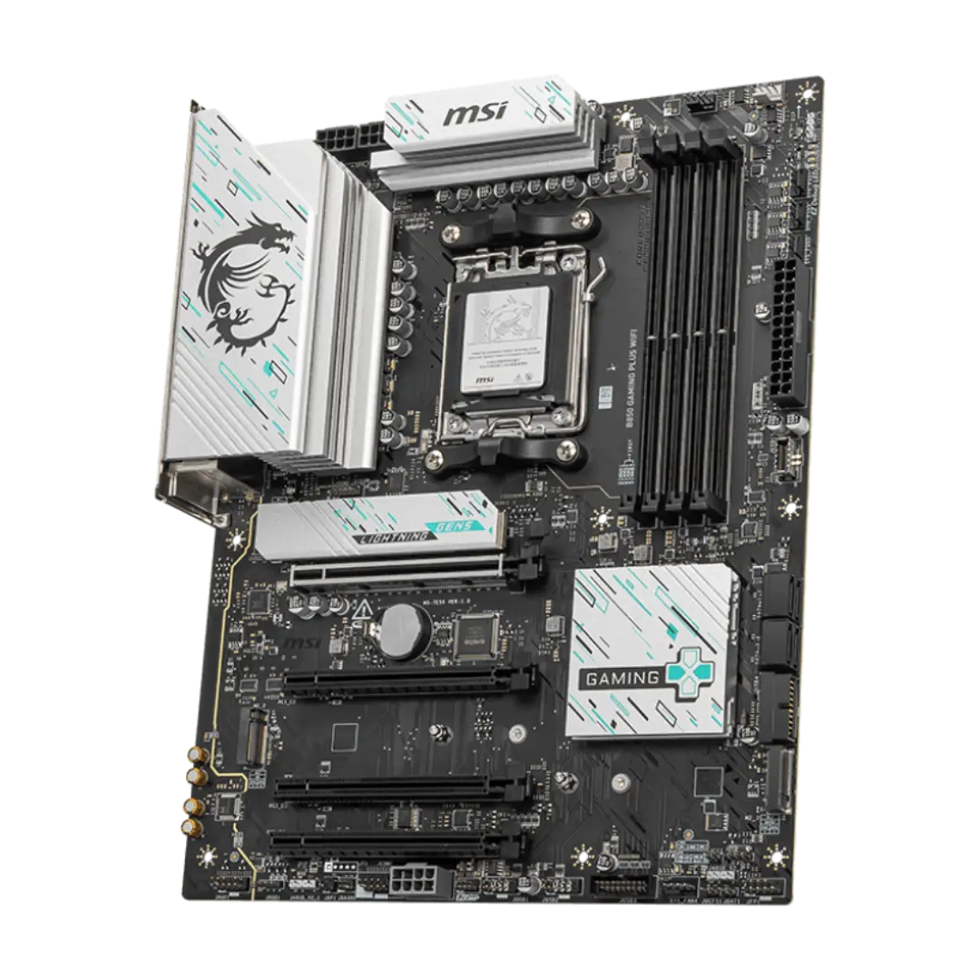 Carte mère AM5 DDR5 PCIe 5.0 avec WiFi 7 LAN 5 GbE et slots M2 installée dans le PC gamer FREEZER RADEON™ RX 9070 XT FlowUP configuration haut de gamme gaming 4K