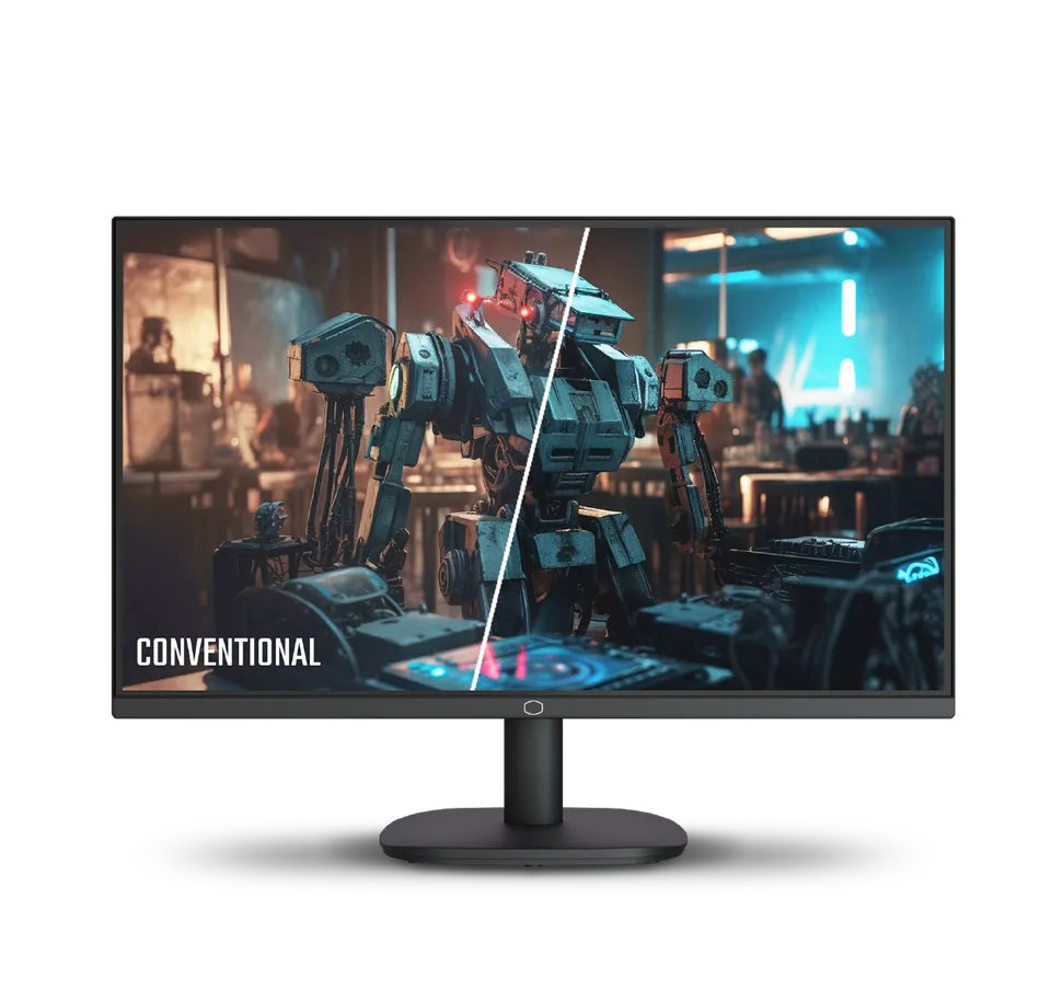 Comparaison visuelle entre un rendu terne et le contraste éclatant de 1000:1 sur la dalle IPS du Cooler Master chez FlowUP