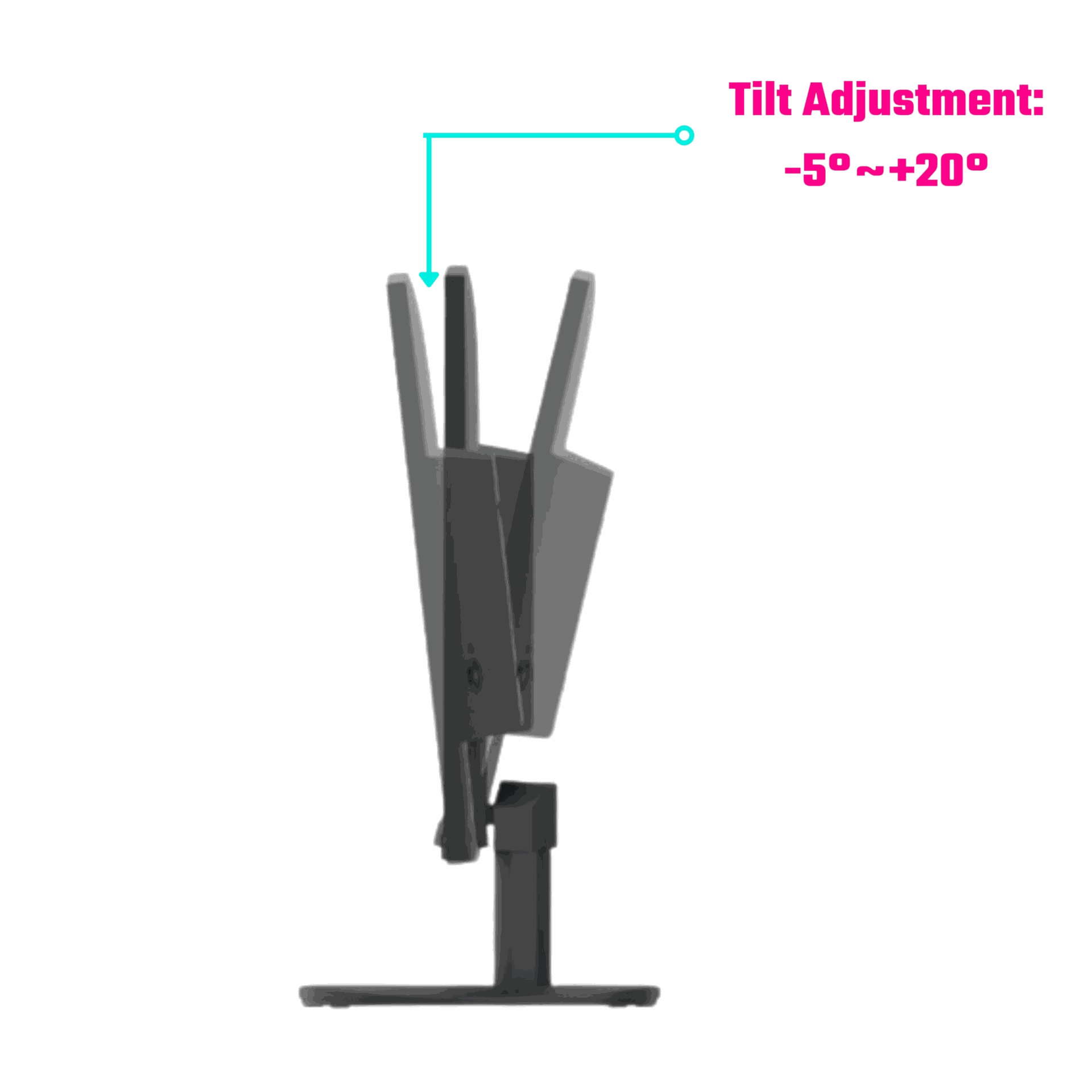 Schéma de profil montrant l'inclinaison réglable de -5° à +20° du moniteur Cooler Master GA2701S chez FlowUP.