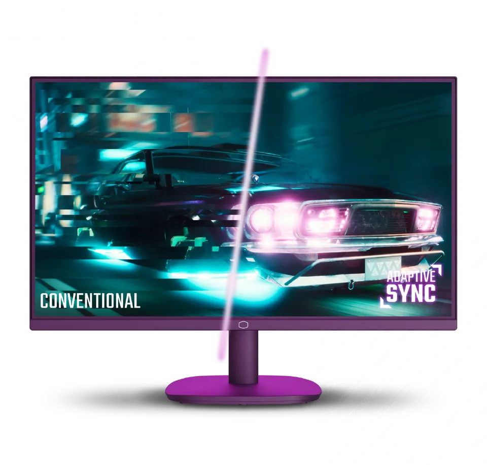 Comparaison visuelle entre un affichage conventionnel saccadé et la fluidité de l'Adaptive Sync sur écran Cooler Master chez FlowUP