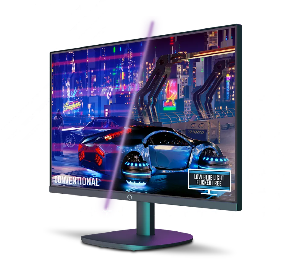 Comparaison visuelle entre un écran classique scintillant et le mode Flicker Free sans scintillement du Cooler Master chez FlowUP