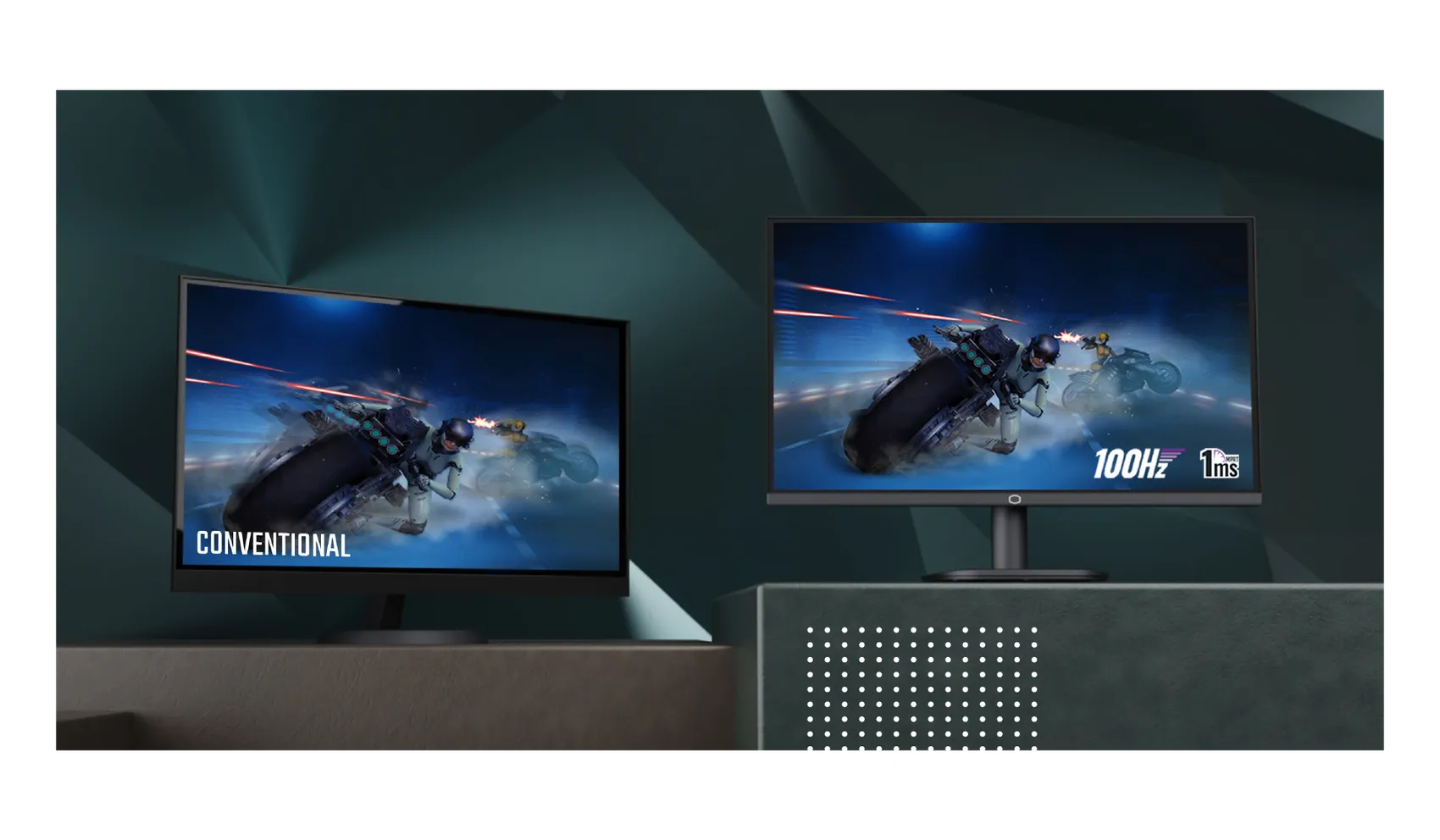 Comparaison visuelle de la fluidité d'une moto entre un écran conventionnel et le mode 100 Hz + 1 ms du Cooler Master chez FlowUP
