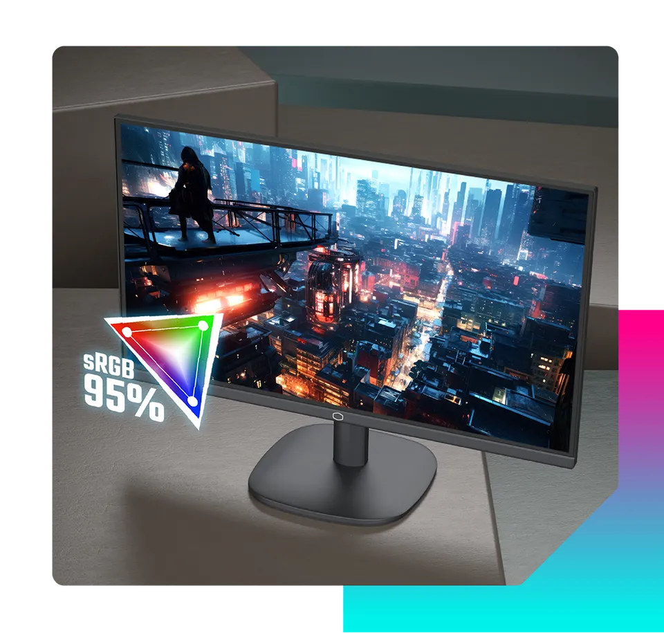 Moniteur Cooler Master affichant une ville futuriste avec un logo 95 % sRGB soulignant la fidélité des couleurs chez FlowUP