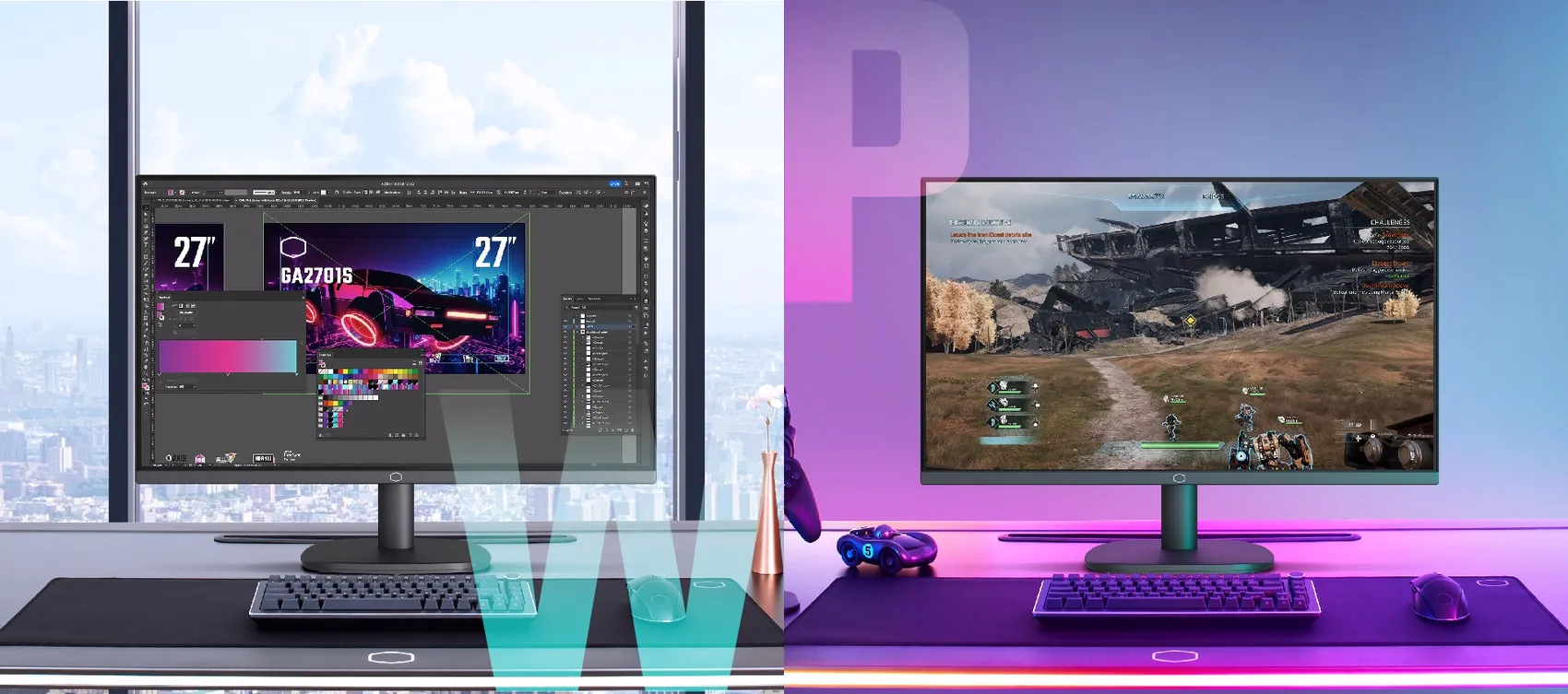 Comparaison d'usage du Cooler Master 27" entre création graphique et gaming intense pour un équilibre parfait chez FlowUP
