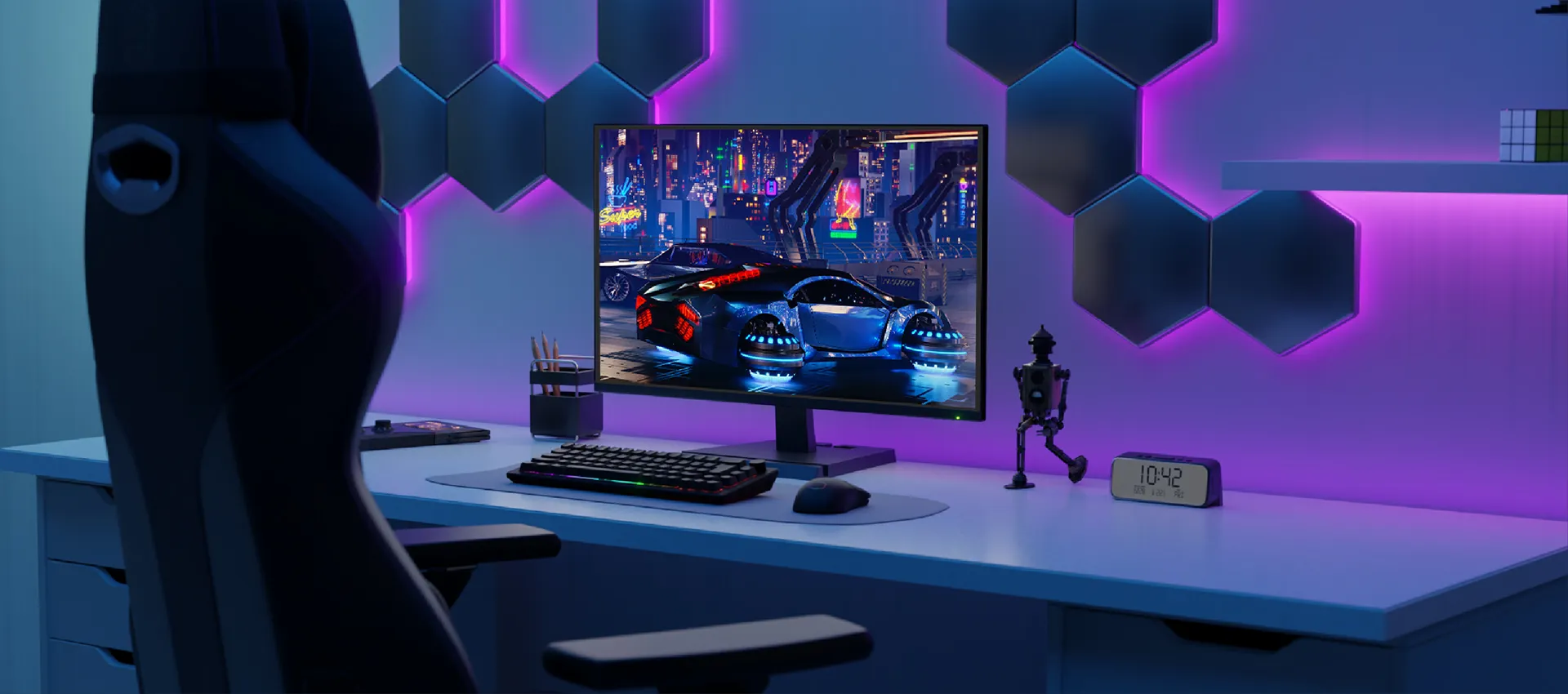 Écran Cooler Master 27" dans un setup gaming moderne avec éclairage LED violet, affichant un jeu de course futuriste chez FlowUP