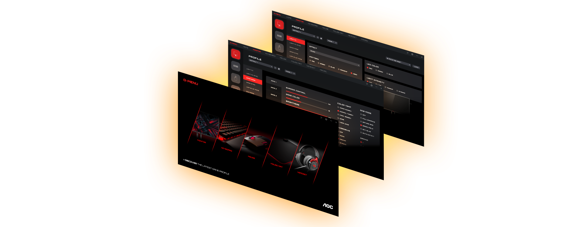 Illustration de l'interface logicielle AOC G-Menu permettant la personnalisation des réglages du moniteur chez FlowUP