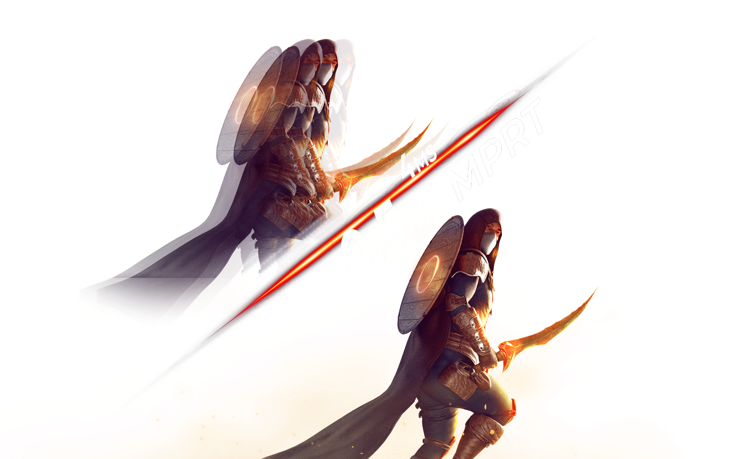 Comparaison de la netteté d'image entre 4 ms et 0.5 ms MPRT sur une scène de guerrier oriental pour le moniteur AOC chez FlowUP