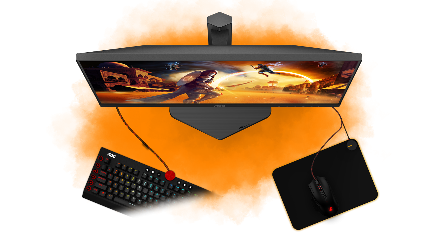 Vue de dessus du moniteur AOC U27G4R illustrant le support d'écran E-Sport compact avec gestion des câbles sur un bureau chez FlowUP