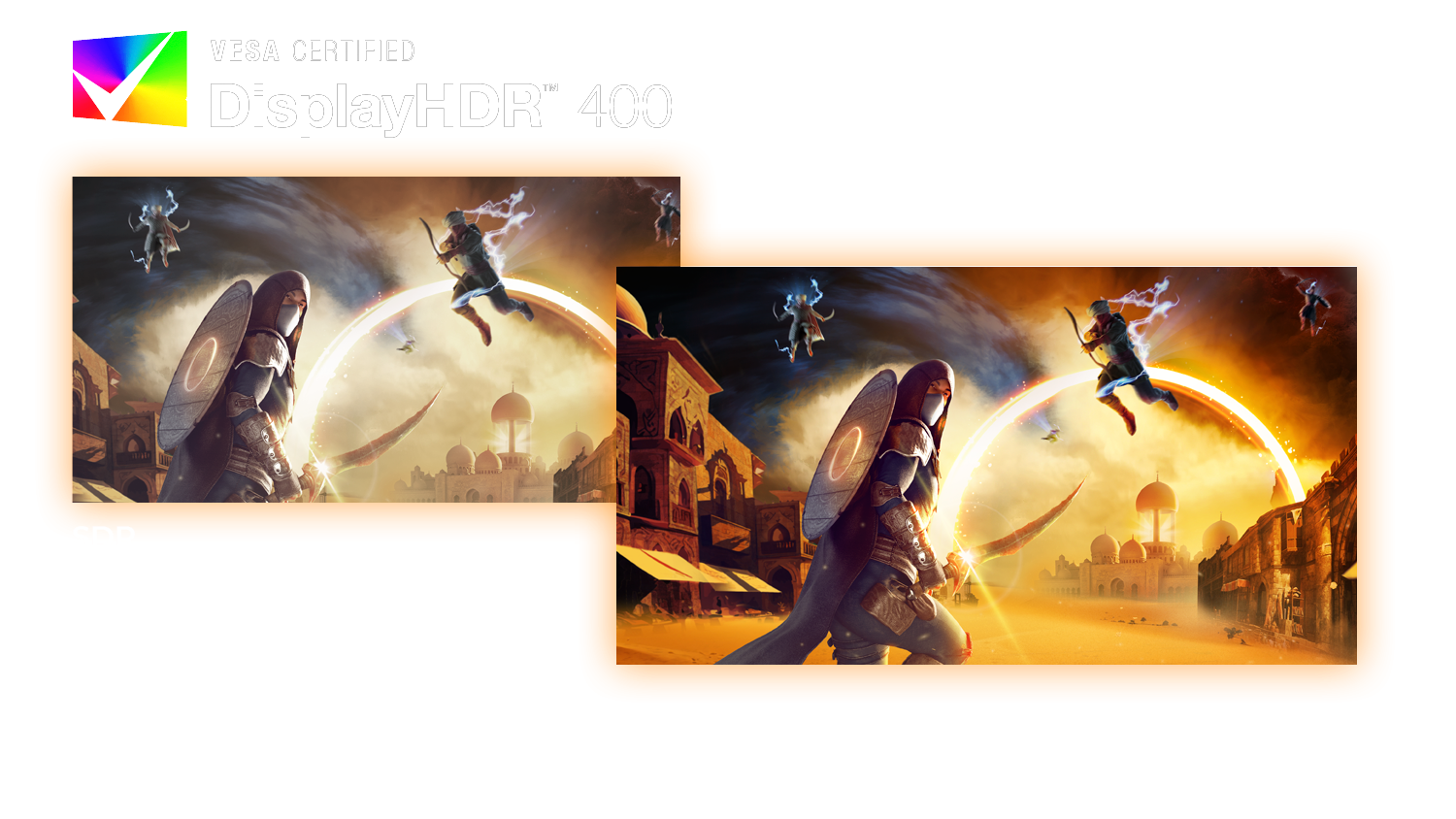 Comparaison de la luminosité et du contraste entre SDR et VESA Certified DisplayHDR 400 sur une scène de combat chez FlowUP