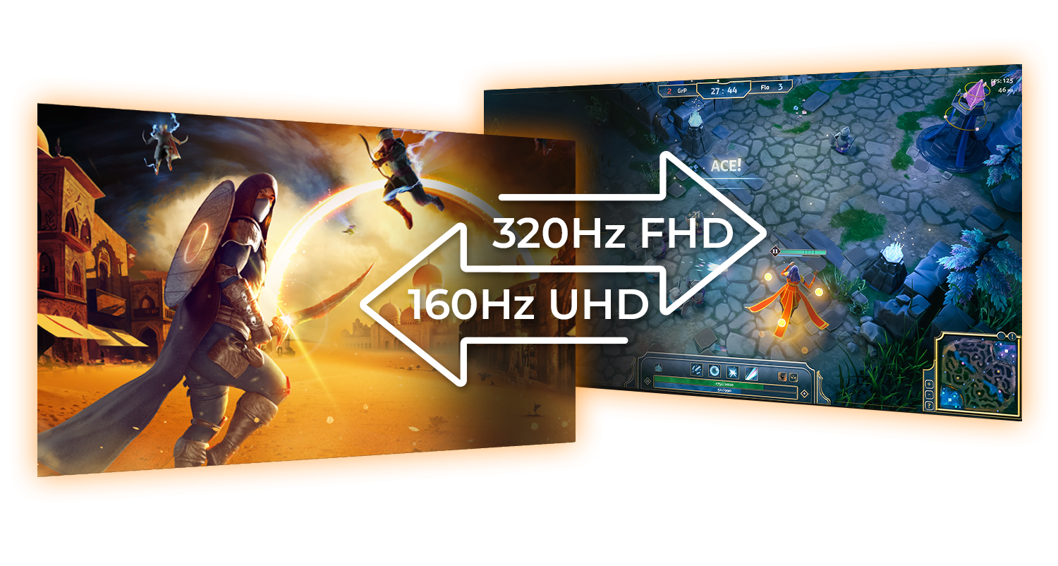 Illustration du mode Dual-Frame permettant de basculer entre 160 Hz UHD et 320 Hz FHD pour le moniteur AOC U32G4U chez FlowUP
